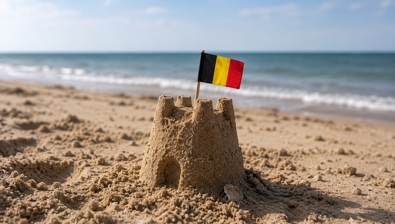 A sandcastle with the Belgian flag in it