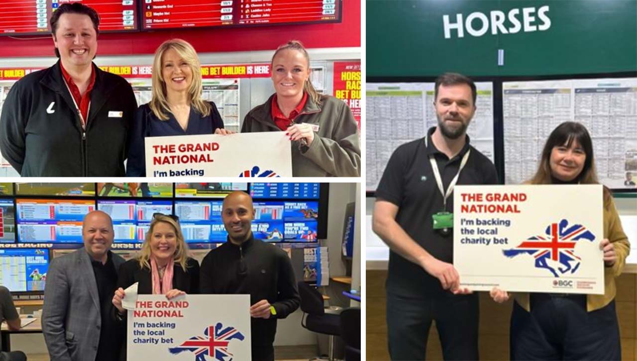Several politicians posing at their local bookmakers.