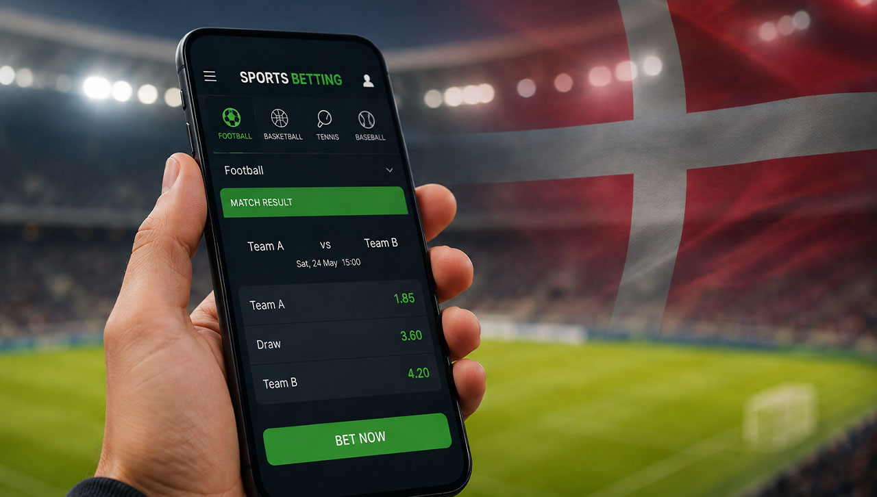 Someone sports betting on their phone with the Danish flag in the background