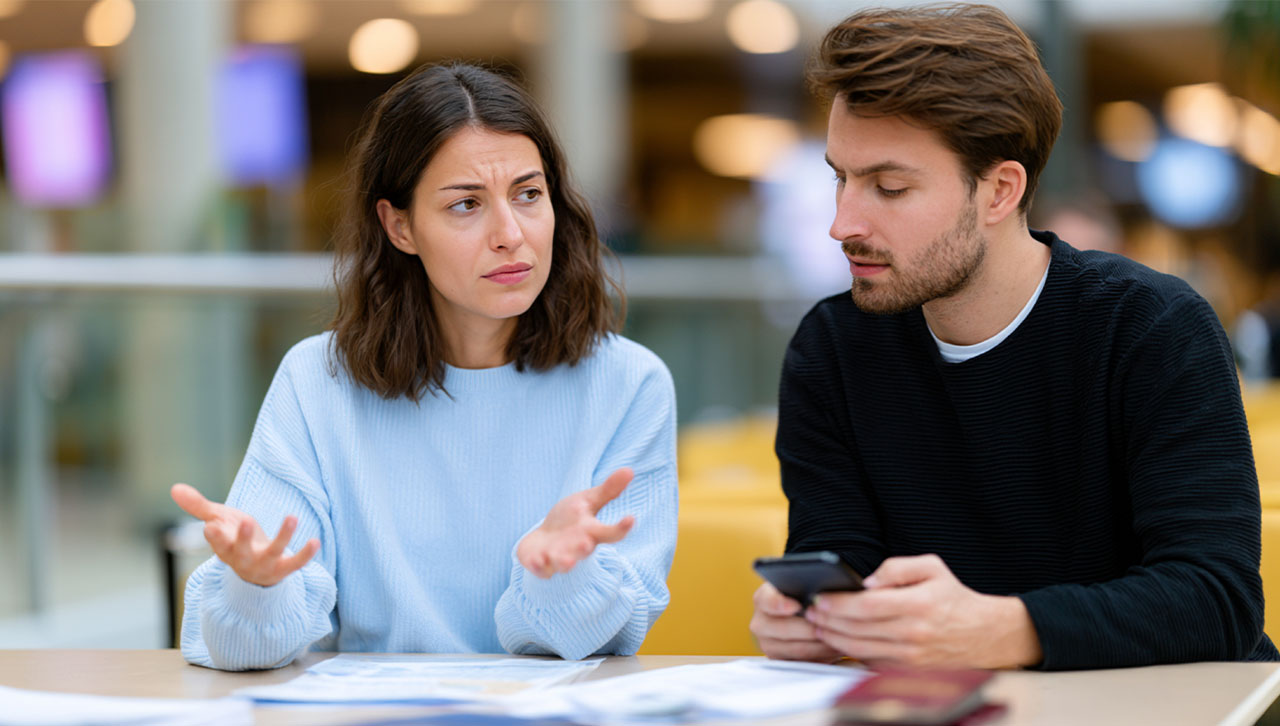 A young couple arguing over a mobile phone