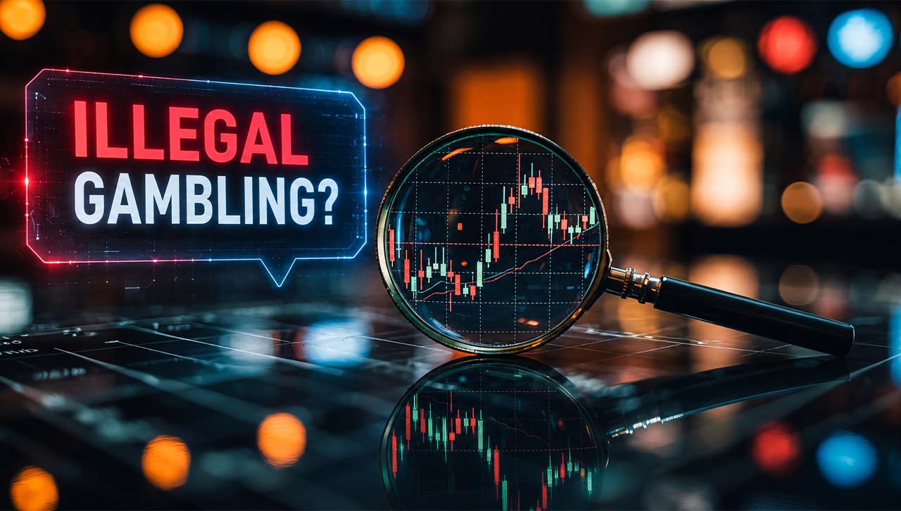 A magnifying glass with the text "ILLEGAL GAMBLING?" next to it 