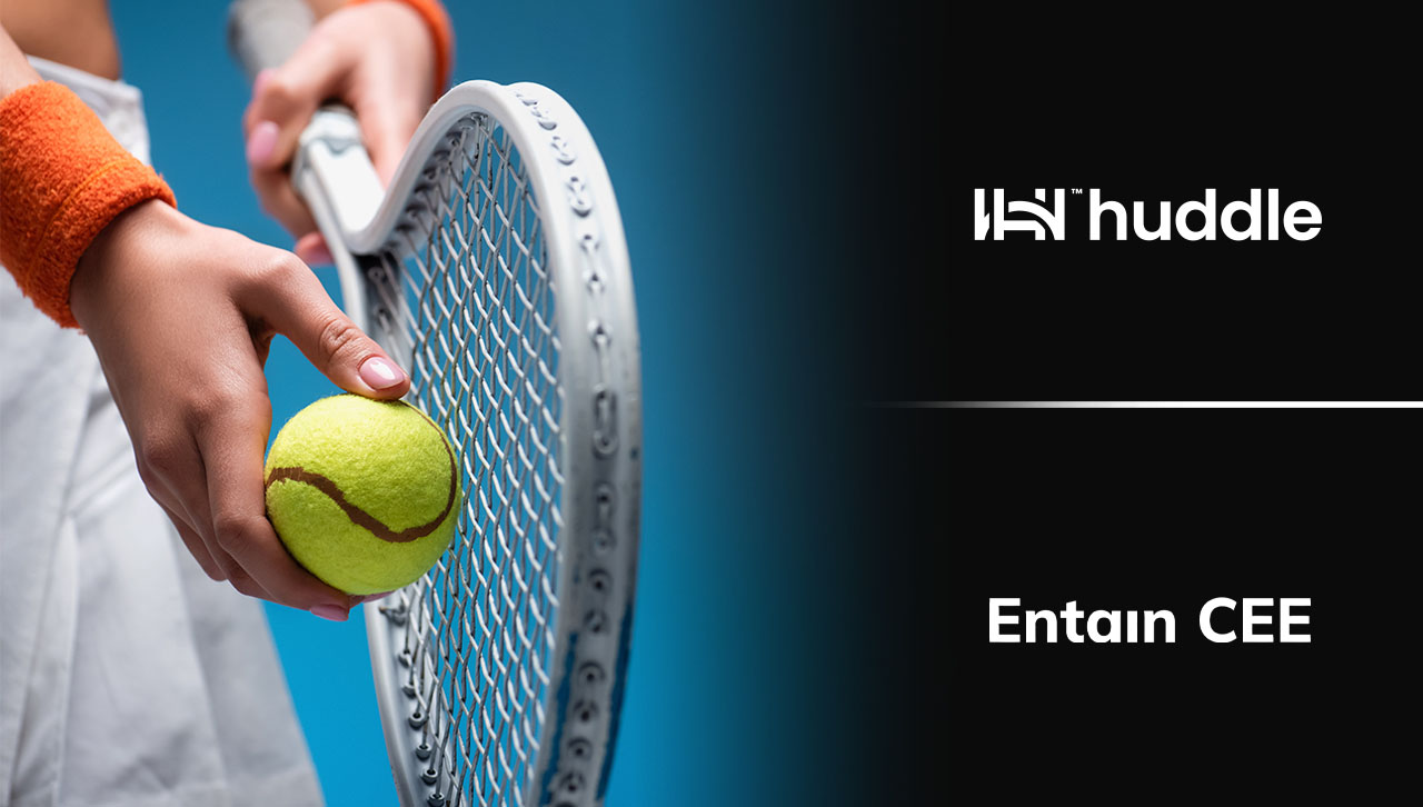 A picture of someone about to serve in tennis alongside logo's for "Huddle" and "Entain CEE"