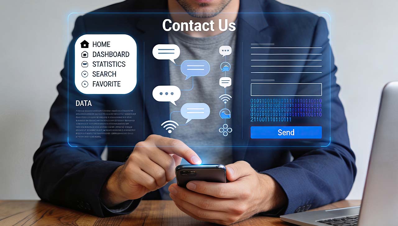 A gentleman using a website with a large "contact us" form