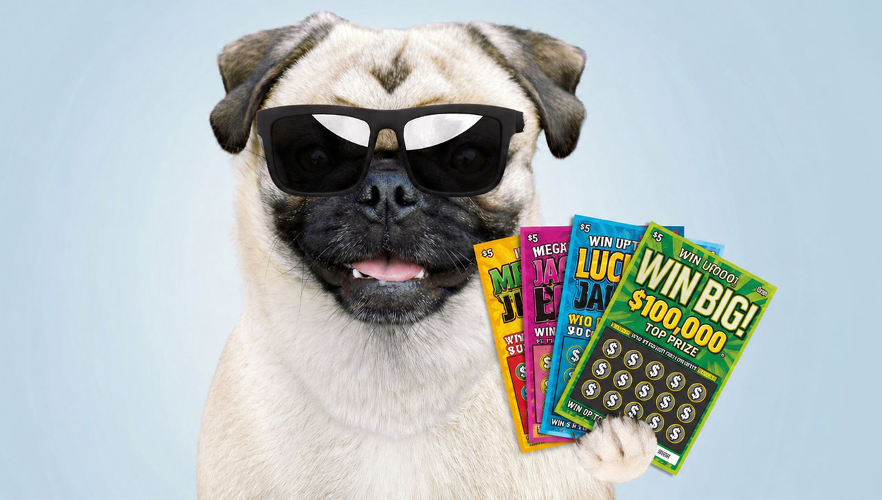 A dog holding up scratch cards