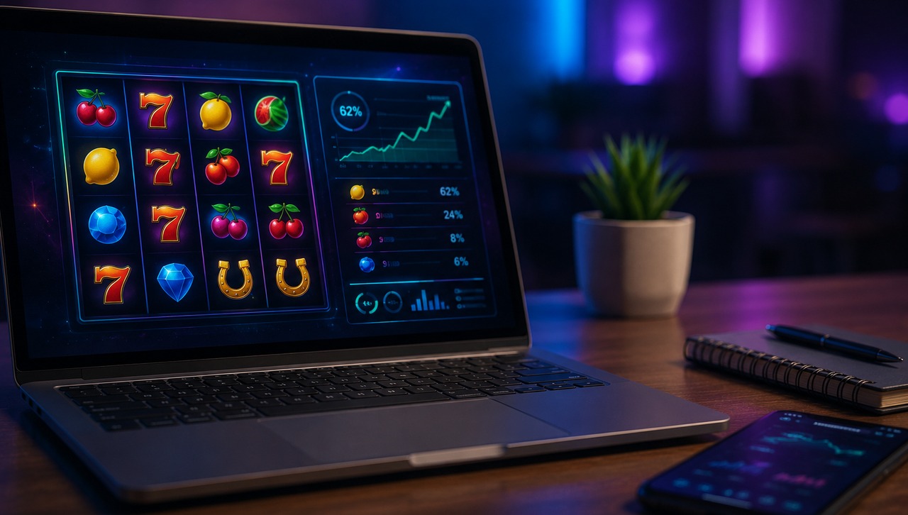 A laptop with slots symbols on it
