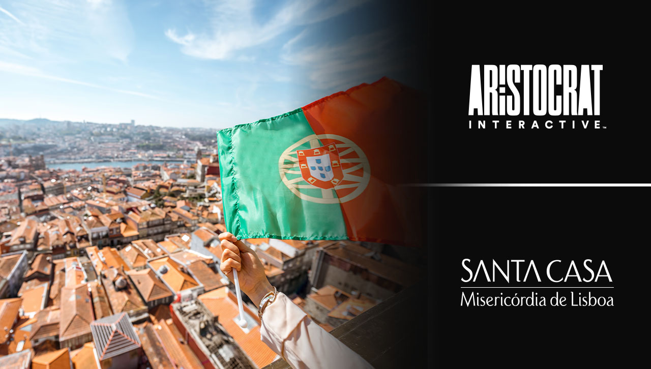 Somebody waving a Portgual flag with "Aristocrat Interactive" and SCML logos on the right