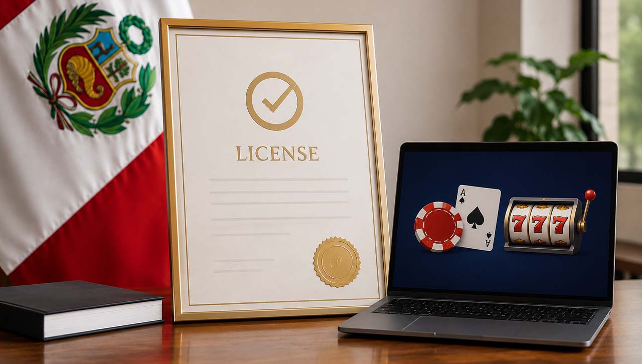 A licence in a picture frame next to a laptop playing online casino games